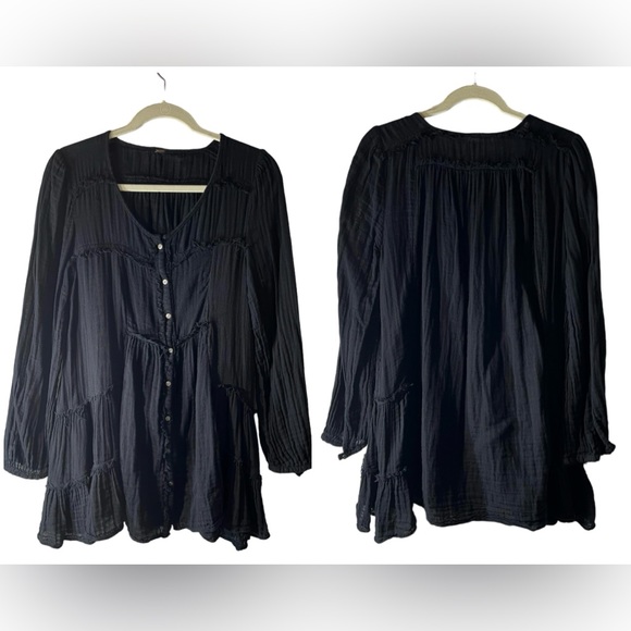 Free People Dresses & Skirts - FREE PEOPLE Black Button Tunic Baby Doll Mini Dress Black Double Gauze Oversized